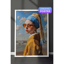 Zestia Beyaz Çerçeveli Duvar Tablosu Inci Küpeli Kız Modern Pop Art Portre Yorumu Salon Dekoru