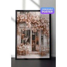 Zestia Siyah Çerçeveli Duvar Tablosu Çiçeklerle Sarılı Romantik Paris Kafe Sokak Manzarası Salon Dekoru