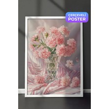 Zestia Beyaz Çerçeveli Duvar Tablosu Vazoda Pembe Çiçekler Zarif Romantik Dekoratif Aranjman Salon Dekoru