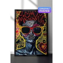 Zestia Siyah Çerçeveli Duvar Tablosu Renkli Desenlerle Pop Art Kedi Figürü Salon Dekoru