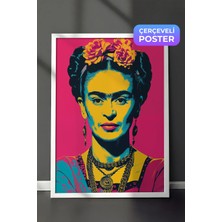Zestia Beyaz Çerçeveli Duvar Tablosu Frida Kahlo Pop Art Renkli Portre Yorumu Salon Dekoru