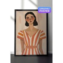 Zestia Siyah Çerçeveli Duvar Tablosu Çizgili Elbiseli Kadın Minimal Modern Portre Salon Dekoru
