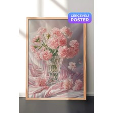 Zestia Ahşap Çerçeveli Duvar Tablosu Vazoda Pembe Çiçekler Zarif Romantik Dekoratif Aranjman Salon Dekoru