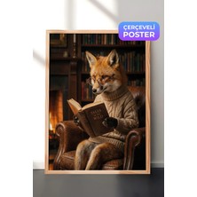 Zestia Ahşap Çerçeveli  Duvar Tablosu Kitap Okuyan Bilge Tilki Portresi Çalışma Odası Dekoru