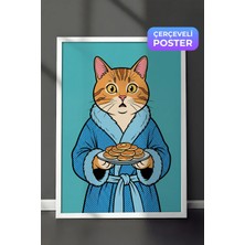 Zestia Beyaz Çerçeveli  Duvar Tablosu Mavi Bornozlu Kedi ve Pankek Ritüeli Pop Art Salon Dekoru