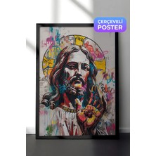 Zestia Siyah Çerçeveli Duvar Tablosu Graffiti Dokunuşlu Sanatsal Isa Portresi Salon Dekoru
