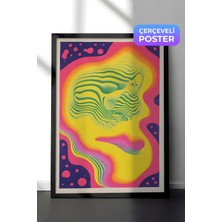 Zestia Siyah Çerçeveli Duvar Tablosu Neon Renklerde Soyut Yüz Formu Psikedelik Sanat Salon Dekoru