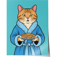 Zestia Poster Mavi Bornozlu Kedi ve Pankek Ritüeli Pop Art Salon Dekoru