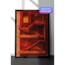Zestia Siyah Çerçeveli Duvar Tablosu Geometrik Formlarla Kırmızı Tonlu Mimari Soyutlama Salon Dekoru