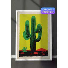 Zestia Beyaz Çerçeveli Duvar Tablosu Canlı Yeşil Kaktüs Grafik Botanik Poster Salon Dekoru