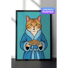 Zestia Siyah Çerçeveli  Duvar Tablosu Mavi Bornozlu Kedi ve Pankek Ritüeli Pop Art Salon Dekoru