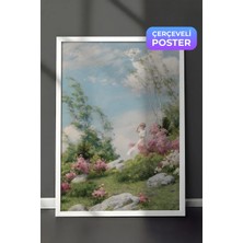 Zestia Beyaz Çerçeveli Duvar Tablosu Pastel Tonlarda Bahar Bahçesi Çiçekli Doğa Manzarası Salon Dekoru