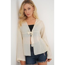 Trend Cojans Önü Bağcıklı Bluz 952 - Krem