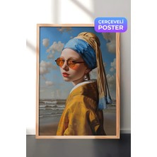 Zestia Ahşap Çerçeveli Duvar Tablosu Inci Küpeli Kız Modern Pop Art Portre Yorumu Salon Dekoru