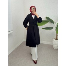 Moda Morfo Kolu Lastikli Kemerli Astarlı Trençkot -Siyah