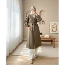 Moda Morfo Kolu Lastikli Kemerli Astarlı Trençkot -Haki