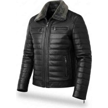 Moda Erkek Siyah Yakası Çıkarılabilir Kürklü Fermuarlı Içi Astarlı Hakiki Deri Mont Ceket