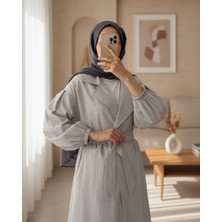 Moda Morfo Kolu Lastikli Kemerli Astarlı Trençkot -Gri