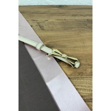 Paşala Leather Hakiki Deri Kadın Kemer Bej Gold Fiyonk Tokalı 2 cm Genişlik Dikişli Bombeli Elbise Uyumlu