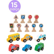 Nilberry 15 Parça Ahşap Şehir Araçları ve Trafik Işaretleri Seti, Eğitici Oyuncak Araba Seti Montessori Ahşap Araba