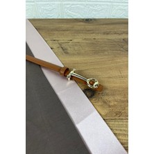 Paşala Leather Hakiki Deri Kadın Kemer Taba Gold Halka Detay Tokalı 2 cm Genişlik Dikişli Bombeli Elbise Uyumlu