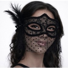 TKÇ Mey Ithalat® Siyah Dantel Tüllü Peçeli Parti Maskesi - Tüylü Inci Detaylı