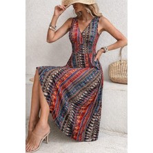 Serac Collection Kadın Beli Gipeli Etnik Desen Sıfır Kol Süprem Elbise