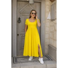 Equri Kadın Kısa Kollu Yuvarlak Yaka Önden Yırtmaçlı Cepli Viskon Uzun Elbise