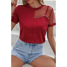 Serac Collection Kadın Kısa Kollu Tül Detaylı Taşlı Janjan Krep Bluz