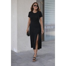 Evyora Kadın Kısa Kollu Bisiklet Yaka Yandan Yırtmaçlı Midi Viskon Elbise