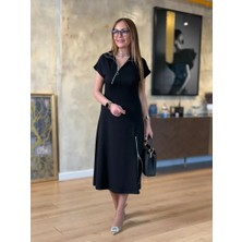 Deridün Yıldız Shoes Kadın Kısa Kollu Yakadan ve Etekten Fermuarlı Midi Viskon Iki Iplik Elbise
