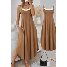 Ulak Handmader Kadın Ip Askılı Yuvarlak Yakalı Cepli Uzun Viskon Elbise