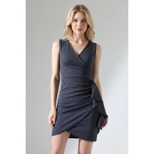 Kadın Krep Kumaş Kalın Askılı Volan Detay Mini Elbise