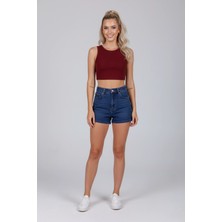 Kadın Bordo Kalın Askılı U Yaka Pamuklu Fitilli Likralı Kaşkorse Crop Atlet Bluz