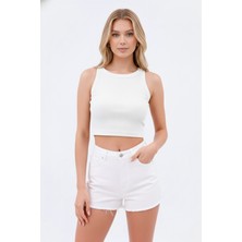 Kadın Beyaz Halter Yaka Omuz Dekolteli Pencere Detaylı Pamuklu Fitilli Kaşkorse Crop Bluz