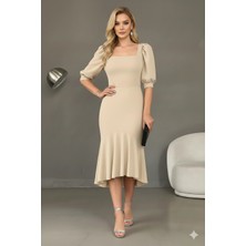 Kadın Krep Kumaş Kare Yaka Balon Kol Balık Model Midi Boy Elbise