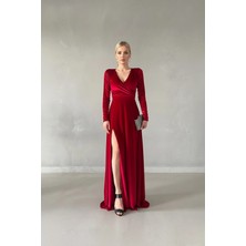 Kadın Kruvaze Yaka Uzun Kol Maxi Boy Yırtmaç Detay Kadife Kumaş Elbise