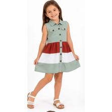 Akkuzu Kids Kız Çocuk Düğme Kapamalı Üç Renkli Kolsuz Yeşil Renk Midi Boy Elbise