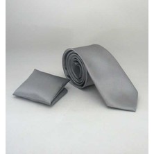 Gaffy Slim Fit Gri Düz Renk Mendilli Saten Kravat - Ss-04 Özel Günler İçin Şık Seçim
