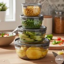 Melkan Home Kilitli & Kapaklı Saklama Kabı 4'lü Set Füme Saklama Kabı Seti & Yuvarlak Saklama Kabı Seti