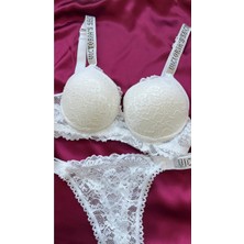 Modellife Dantelli Lastiği Taşlı Balenli Destekli Dolgulu Push Up Siyah Sütyen Ve String Iç Çamaşırı Takımı