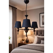 Dede Avize Üç Kollu Linea Avize Ahşap Detaylı Siyah Statik Boyalı Siyah Şapkalı