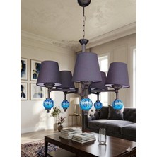 Beş Kollu Mavi Çinili Avize Siyah Statik Boyalı Siyah Şapkalı