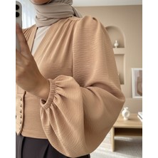 Moda Morfo Düğmeli Arkası Lastikli Balon Kol Sandy Crop     -Vizon