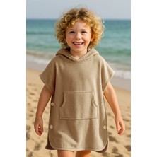 Ellia Soft %100 Pamuklu Kapüşonlu Plaj Çocuk Pançosu Bej