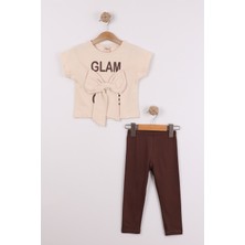 Joy Kids Kız Çocuk Kurdele Detaylı Jakarlı Taytlı Takım (2-6yaş) (Krem-Kahve)