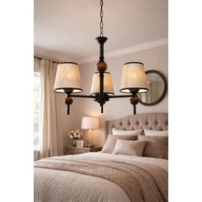 Dede Avize Üç Kollu Linea Avize Ahşap Detaylı Siyah Statik Boyalı Bantlı Kahrengi Şapkalı