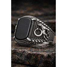 Siset Gümüş 925 Ayar  Oniks  Taşlı  Bozkurt ve  Üç Hilal Figürlü  Pençe  Erkek  Gümüş  Yüzük