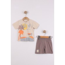 Joy Kids Erkek Bebek Baskılı Günlük Penye Takım %100 Pamuk (9-24AY) (Bej-Kahve)