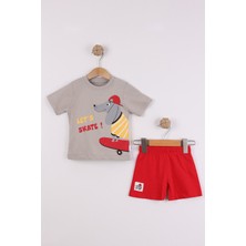 Joy Kids Erkek Bebek Let's Skate! Baskılı Penye Takım %100 Pamuk (9-24AY) (Gri-Kırmızı)